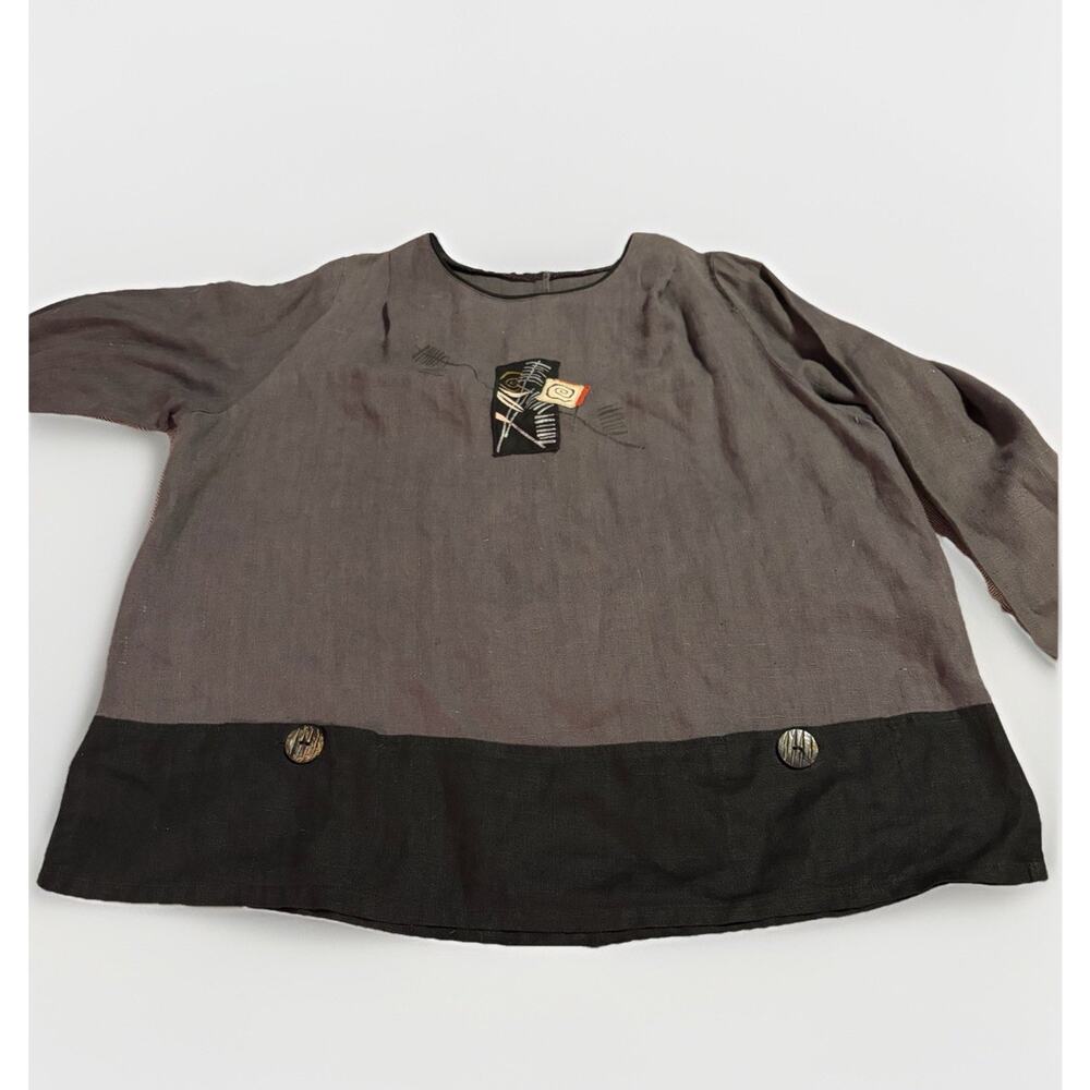Citron 100% Linen Art-to-Wear Top - Size 2X - Grey & Black Colorblock